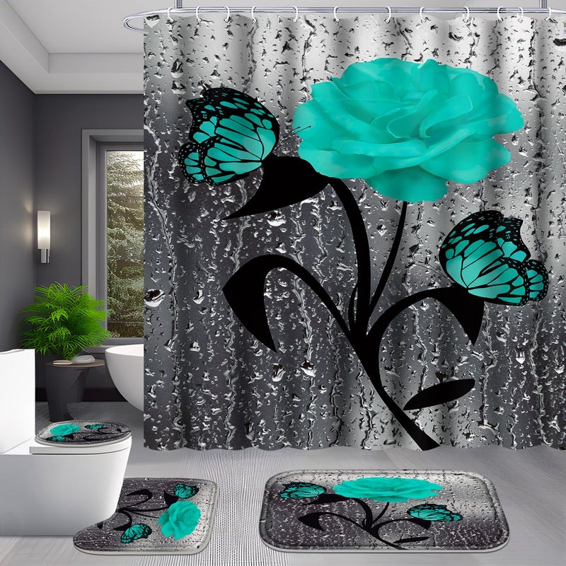 Poedist 4 Pcs Bathroom Set Green Rose Shower Curtain Sets  Romantic Shower Curtain Sets with Rugs(Bath Mat U Shape and Toilet Lid Cover Mat) and 12 Hooks - Image 5